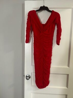 Red Ruched Long Sleeve Bodycon Dress